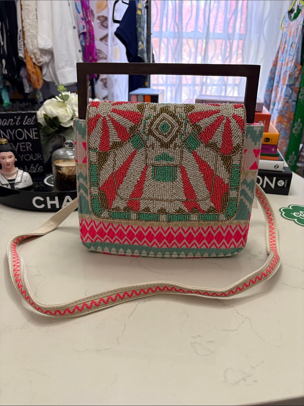 America and Beyond Beaded Geometric Crossbody Bag in NeonCoral and Teal
